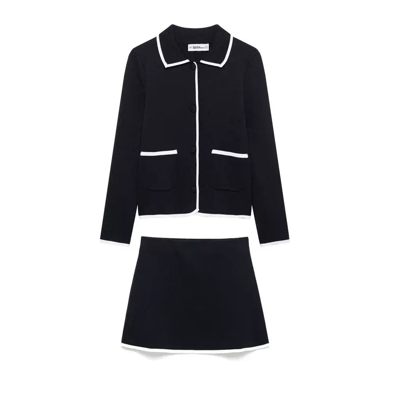 ZA2025 spring new European and American style women's color-blocked trim knitted jacket 4192031 mini skirt 4192032