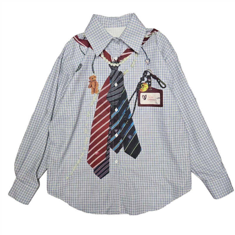 European and American Style Unique and Fun Tie Accessory Women's 2025 New Heavy Print Long-Sleeve Top Loose Versatile Shirt Trendy