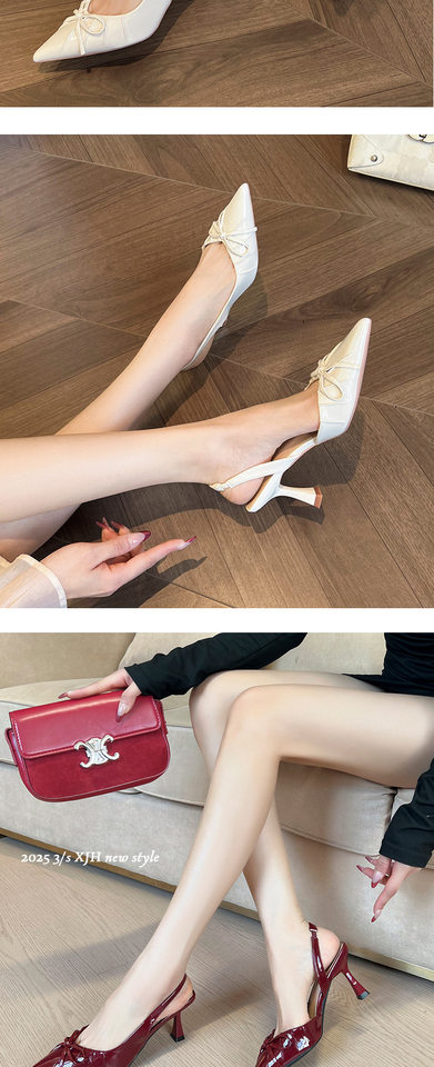 Sandal nữ bít mũi nhọn gót mảnh thắt nơ, quai hậu hở gót, gót 6–8 cm — Màu trắng be, Màu đen, Màu đỏ rượu chi tiết 10