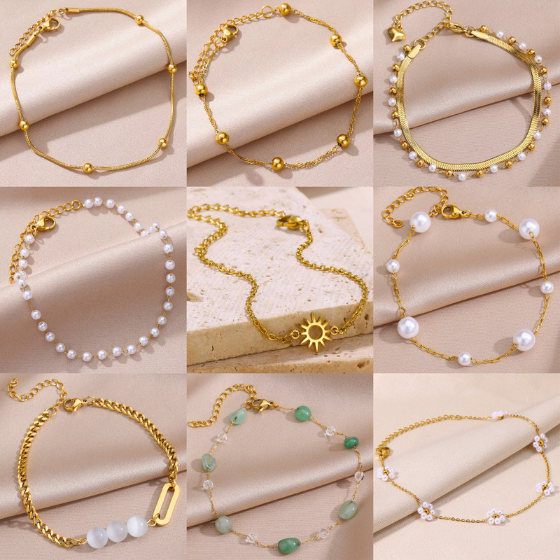 European and American simple round snake bead chain pearl women's anklet titanium steel plated 18k stainless steel ankle chain summer cross-border new