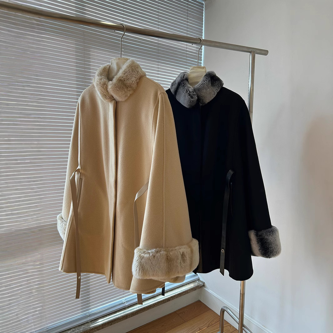 LP同款鼻祖色獭兔毛燕麦色皮草双面羊毛尼斗篷大衣外套女