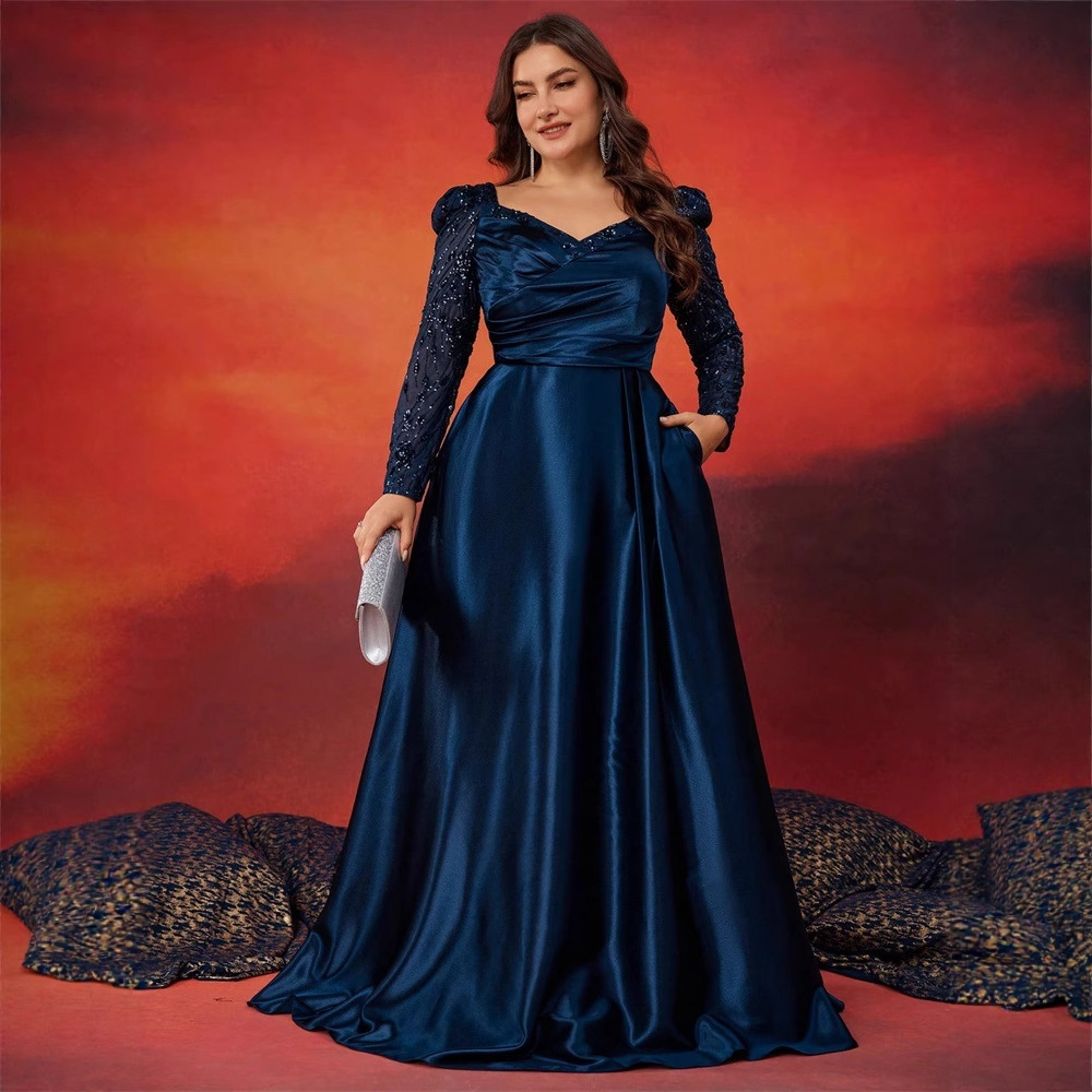 European and American Plus Size Fat Woman Outfit Sequin Stitching V Neck Long-Sleeved Elegant Gorgeous Noble Cocktail Party Formal Dinner Dress