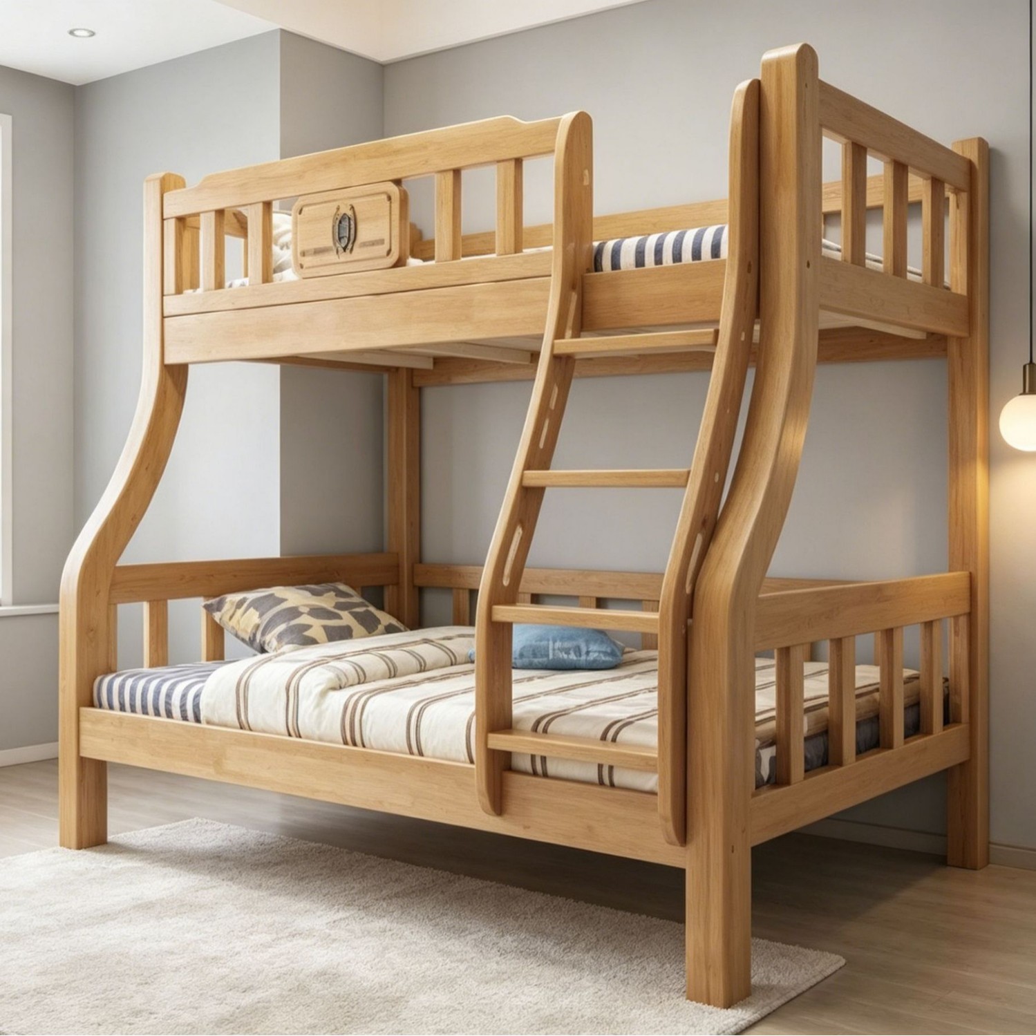 Xmf027 #   All-Solid Wood Children's Bed with Natural Wood Style, Double-Layer Bunk Bed, Reinforced Guardrails, and Safety Ladder.
