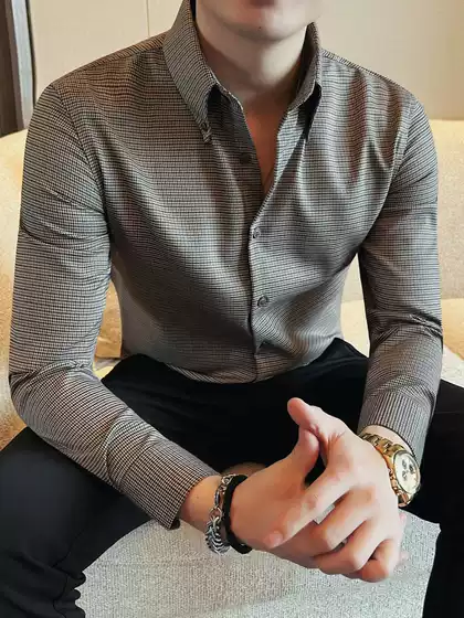 Men's Long Sleeve Slim Fit Business Casual Shirt with Pointed Collar and Houndstooth Pattern, 2026 Spring Collection, Premium