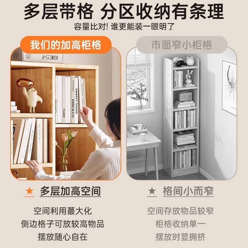 Estantería de madera maciza Estante de piso Sala de estar Estante de exhibición en capas Estante para libros Armario de almacenamiento Una pieza contra la pared Armario pequeño y estrecho