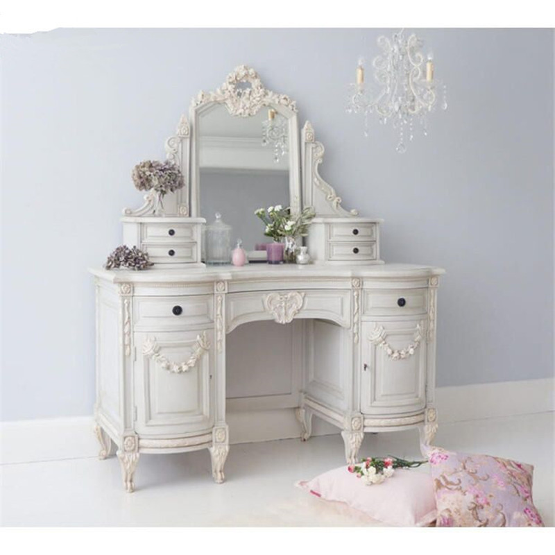 French Entry Luxury Solid Wood Carved Dressing Table Dressing Table for Bedroom American Style Retro Dressing Table Dressing Mirror Customization