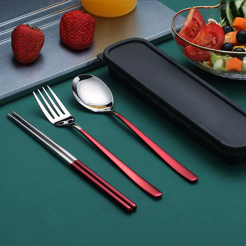Spoon, chopsticks, fork, set stainless steel, handheld Korean tableware for elementary school students, storage system, 3 piece set