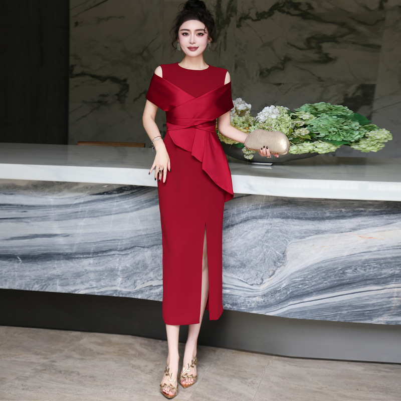 夏季优雅礼服裙婚礼宴会主持新娘晚宴聚会正式场合女装连衣裙红色