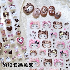 网红美甲浮雕可爱日系豹纹kitty猫头卡通蝴蝶结猫咪头套指甲贴纸