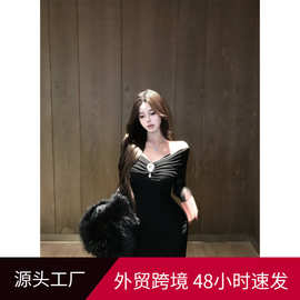 法式风性感名媛宴会一字肩礼服连衣裙网纱配大衣修身显瘦包臀长裙
