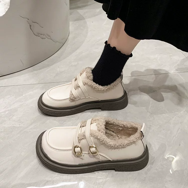 Маленькие женские кожаные туфли в британском стиле, осень-зима 2024, новые меховые туфли, лоферы без шнуровки на толстой подошве в стиле ретро, хлопковая обувь