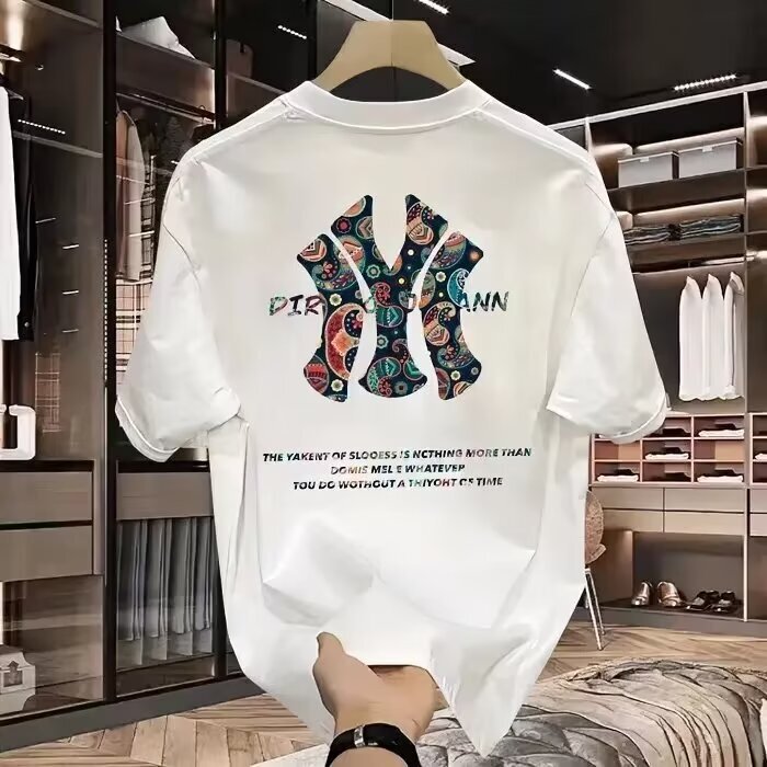 Cotton Summer Fashion Brand Men's Slim-fit Short-sleeved T-shirt Creative Color Letter Printing Trendy All-match Round Neck Top