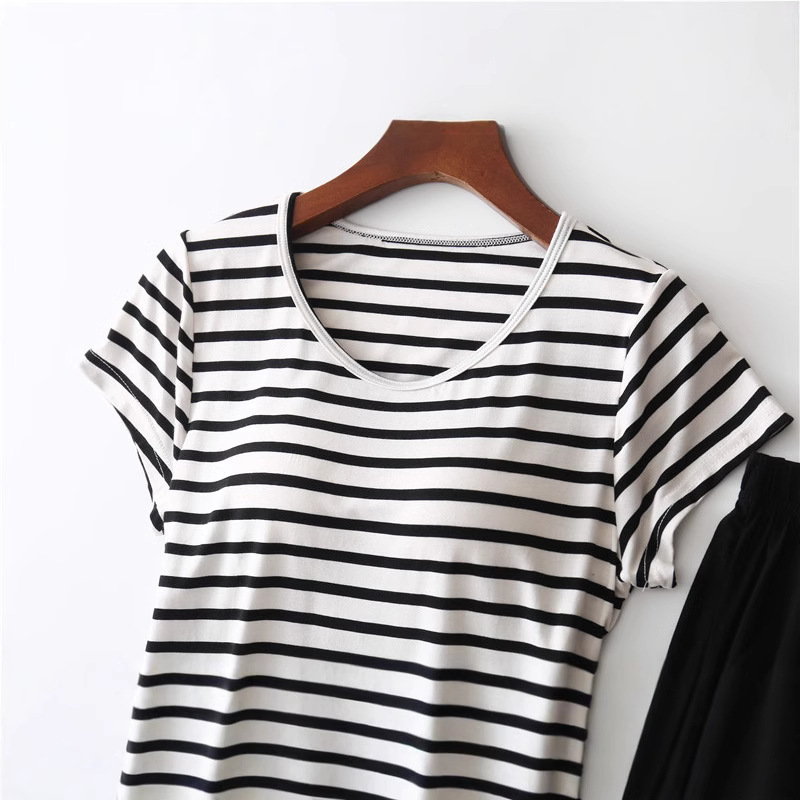 Striped Half-Sleeved Modal Bra-Free Pajamas with Breast Pads for Women with Cup All-In-One Short-Sleeved T-Shirt Bottoming Home Wear for Women