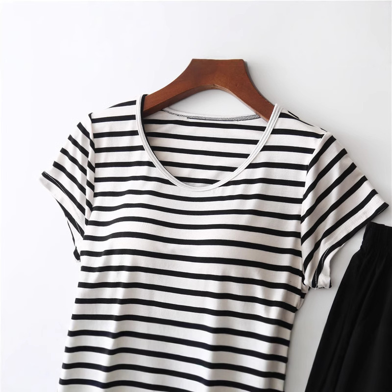 Striped Half-Sleeved Modal Bra-Free Pajamas with Breast Pads for Women with Cup All-In-One Short-Sleeved T-Shirt Bottoming Home Wear for Women Striped Half-Sleeved Modal Bra-Free Pajamas with Breast Pads for Women with Cup All-In-One Short-Sleeved T-Shirt Bottoming Home Wear for Women