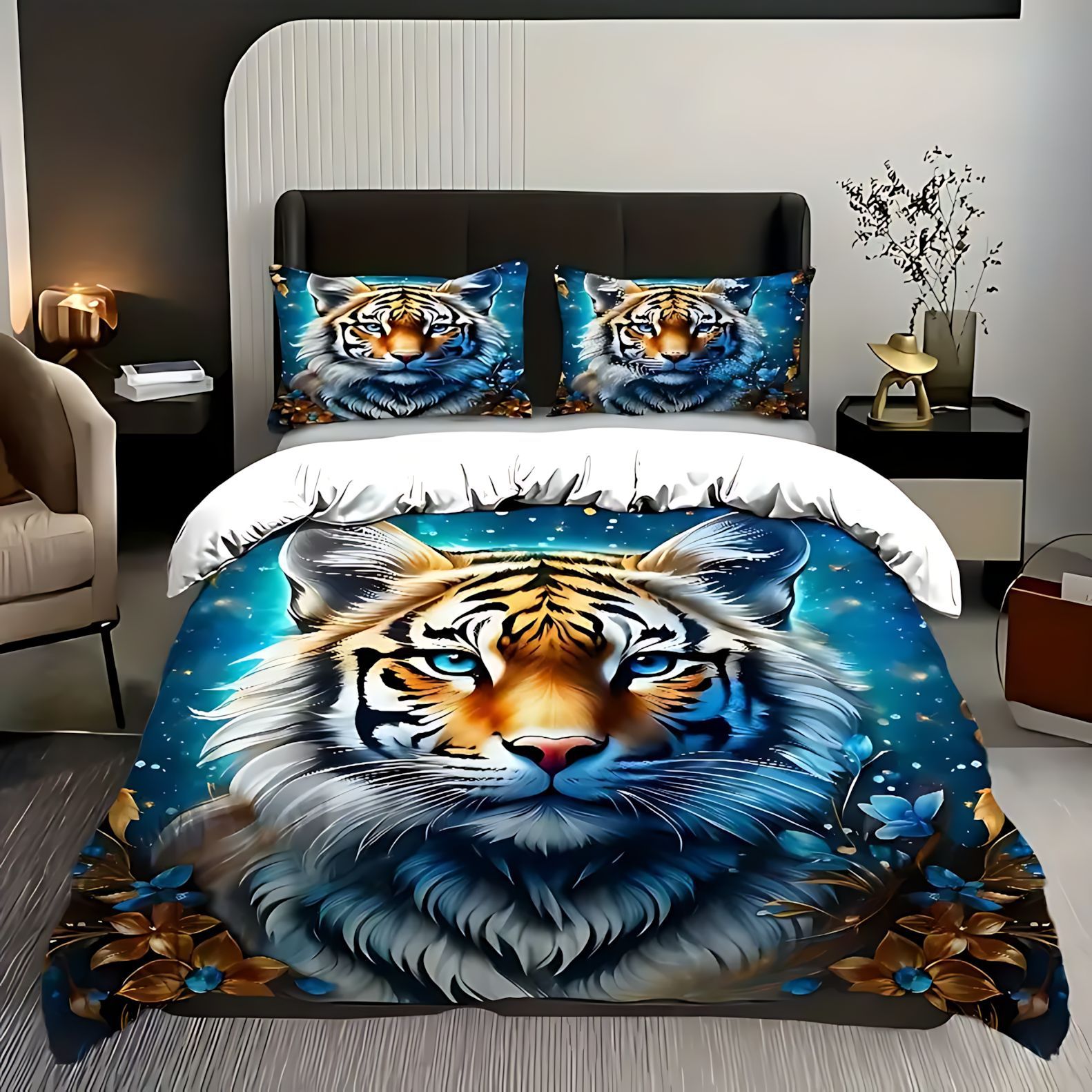TEMU / JIT transfronterizo majestuoso tigre impresión digital HD colcha suave funda de almohada set de ropa de cama
