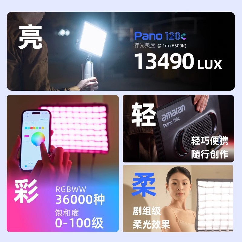 Aputure/爱图仕 艾蒙拉amaran Pano 120c轻便全彩外拍平板补光灯