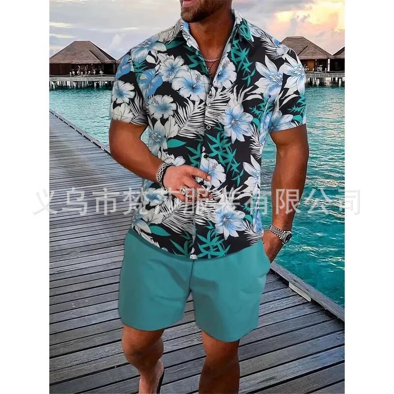 Cross-Border Foreign Trade European Size Summer Men's Fashion Trend Beach Light and Comfortable Casual Short-Sleeved Shorts Shirt Suit