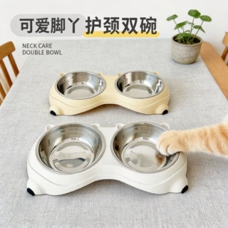 新款宠物用品双碗不锈钢碗防打翻斜口猫咪护颈盆猫狗食具喂食饮水