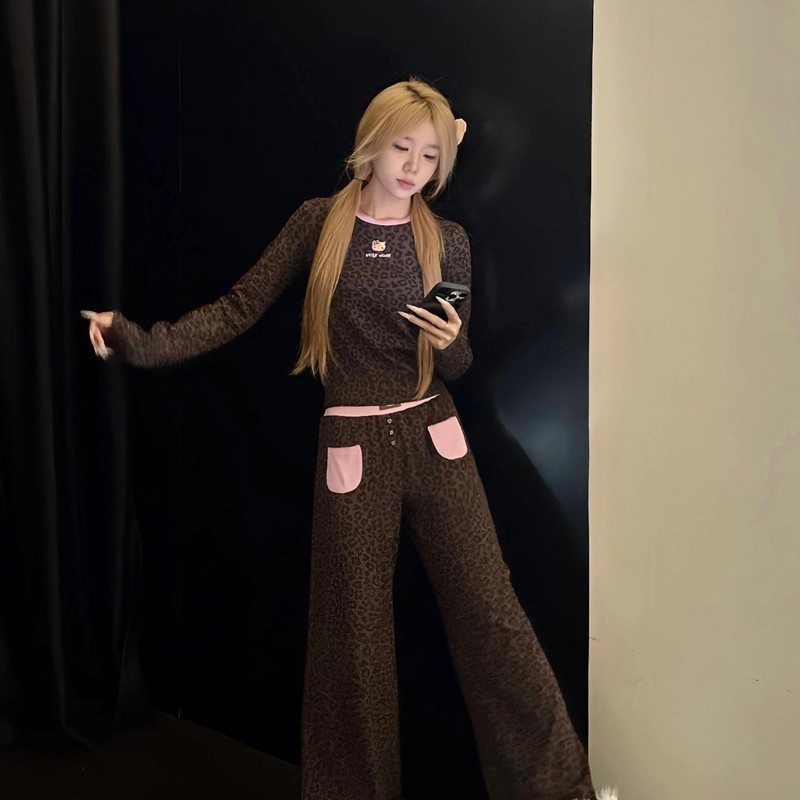 可爱Kitty印花豹纹长袖睡衣女秋季新款家居服大码长裤休闲两件套|undefined
