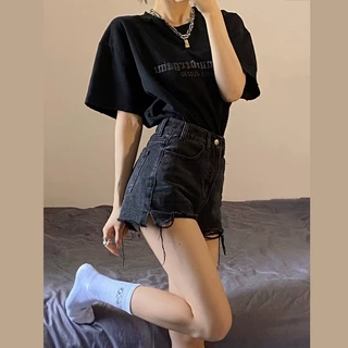 黑灰色牛仔短裤女夏韩版宽松百搭ins潮流高腰显瘦a字小个子阔腿裤