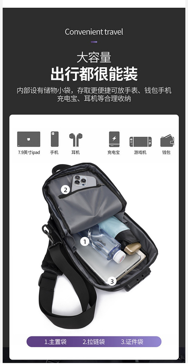 2024 Spring Sports chest backpacks, cross-border wholesale USB charging port bags, men's crossbody bags, fashionable single-shoulder bags undefined