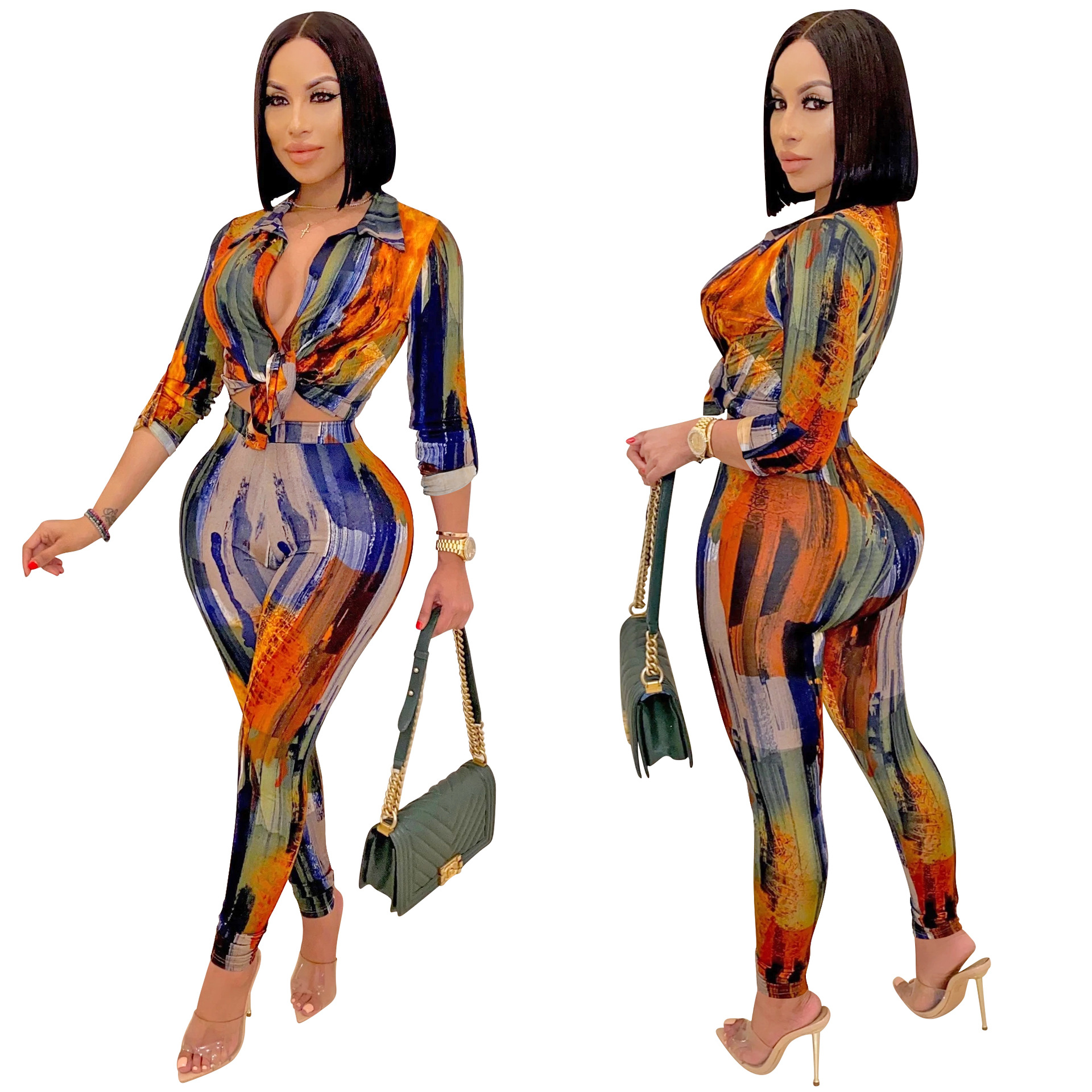 digital printing V-neck long-sleeved shirt trousers set nihaostyles clothing wholesale NSXYZ81564