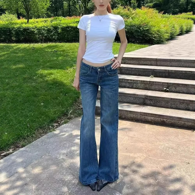 Vintage Washed Drapey Floor-Length Denim Flared Pants 2025 Autumn Trendy Women's Low-Waist American-Style Slightly Flared Long Pants Vintage Washed Drapey Floor-Length Denim Flared Pants 2025 Autumn Trendy Women's Low-Waist American-Style Slightly Flared Long Pants