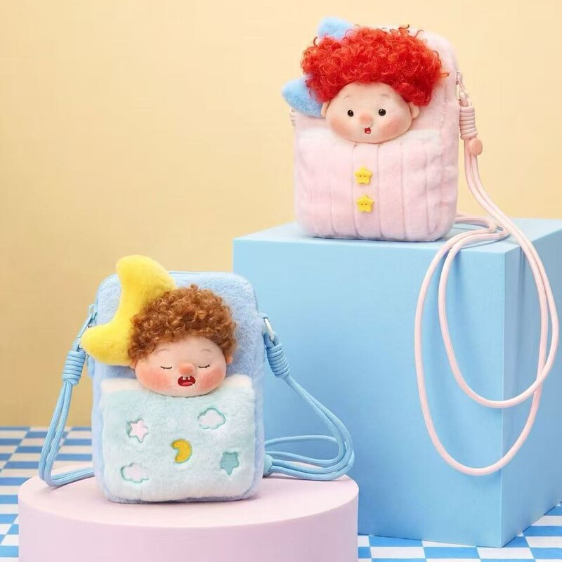 Afro-haired character sleeping bag crossbody bag, plush cartoon doll coin purse, cute children's phone pouch supply