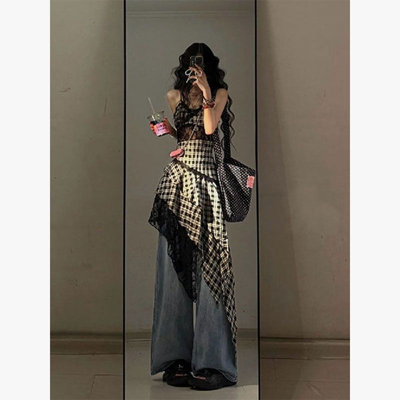 Black and White Plaid Lace Splicing Long Skirt Irregular Suspender Dress Women's Summer Jeans Layered Hot Girl Skirt Black and White Plaid Lace Splicing Long Skirt Irregular Suspender Dress Women's Summer Jeans Layered Hot Girl Skirt