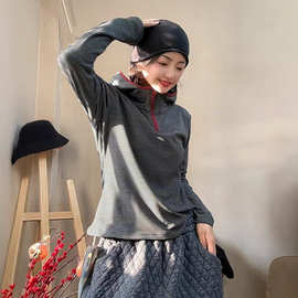 德绒T恤 2025冬季新款 运动风休闲半拉链条纹连帽长袖上衣女25199