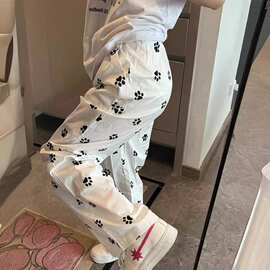 狗脚印白色裤子可爱日系软妹小个子宽松直筒休闲阔腿裤女夏季薄款