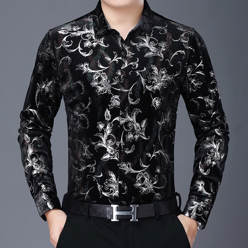 Camisa casual de manga larga para hombres nueva camisa artística de flores de solapa otoño Camisa de hombre de mediana edad de marca de moda transfronteriza europea y americana para hombres