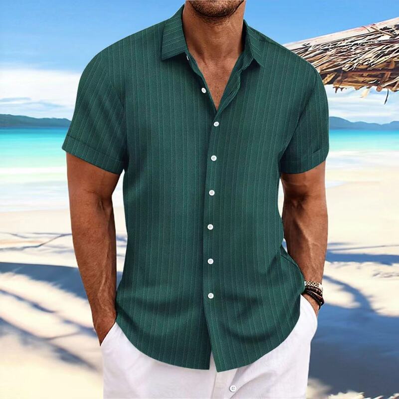 Cross-border Explosions Amazon AliExpress New Men's Cotton and Linen Striped Jacquard Casual Loose Short-sleeved Shirt