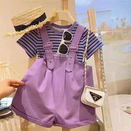 女童夏季背带套装2026夏季童装小女孩儿童洋气短袖T恤裤子两件套