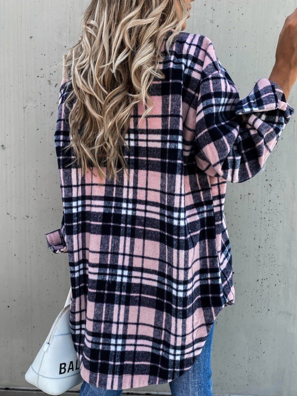 Loose Casual Retro Plaid Long Sleeve Shirt Coat in Coats & Jackets