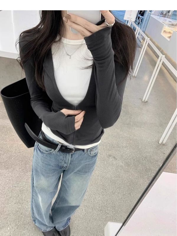 【人棉】美式独特修身短款外套女秋韩系辣妹设计感假两件上衣|undefined