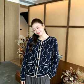 G家字母提花羊毛针织开衫26秋冬新款经典复古气质减龄百搭外套女