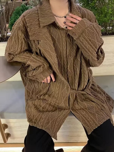 Retro Pleated Hollow-Out Jacquard Long-Sleeved Shirt for Women—Spring New Design, Textured, Niche Style, Loose-Fit Shirt with Ties