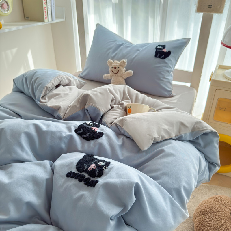 Juego de cama de dormitorio de estudiantes de tres piezas, ropa de cama de algodón puro, sábana, edredón, juego de cuatro piezas