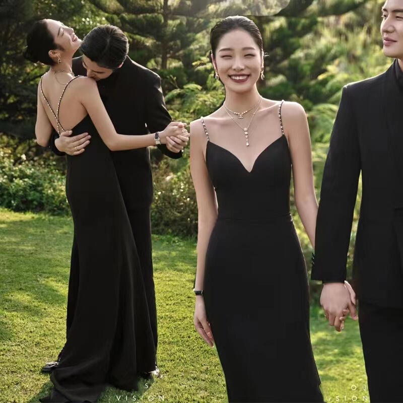 Wedding Studio Theme Clothing Couple Long Dress Wedding Sleeveless Solid Color Suspender Dress Black Fishtail Elegant Elegant Wedding Studio Theme Clothing Couple Long Dress Wedding Sleeveless Solid Color Suspender Dress Black Fishtail Elegant Elegant