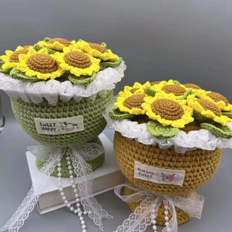 Oversized sunflower rose holding flower wool handmade diy bouquet material bag crocheted gift for girlfriend