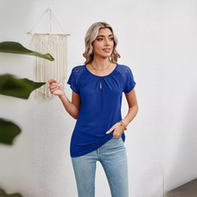 法式 t恤女短袖亚马逊欧美跨境外贸女装夏季美码蕾丝拼接圆领上衣