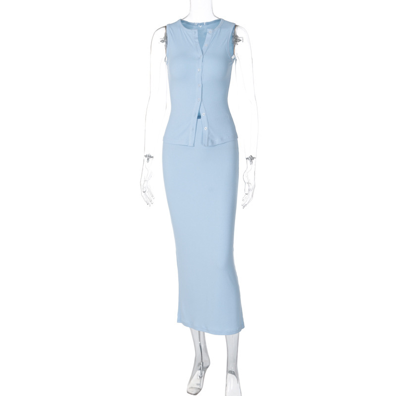 European And American Style Women's Fashion Elegant Solid Color Ribbed Sleeveless Button-up Cardigan Vest + Half Skirt_ecoleips.com