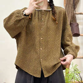 秋季新款文艺复古碎花棉质长袖衬衫女蕾丝花边翻领宽松显瘦衬衣