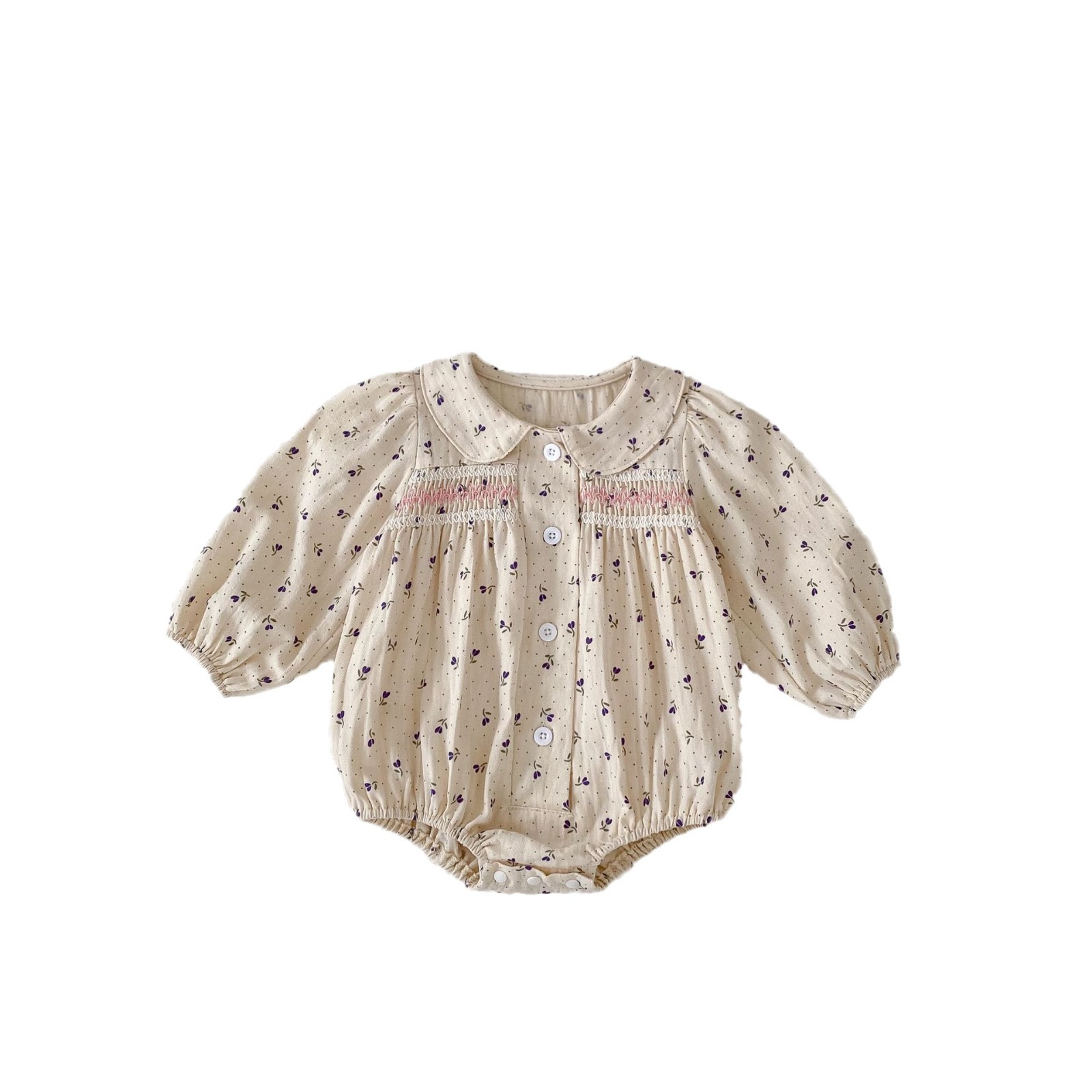 Cotton children's clothing 2024 autumn new item for infants and young girls, long sleeved khaki, wavelet dot flower_voghion.com