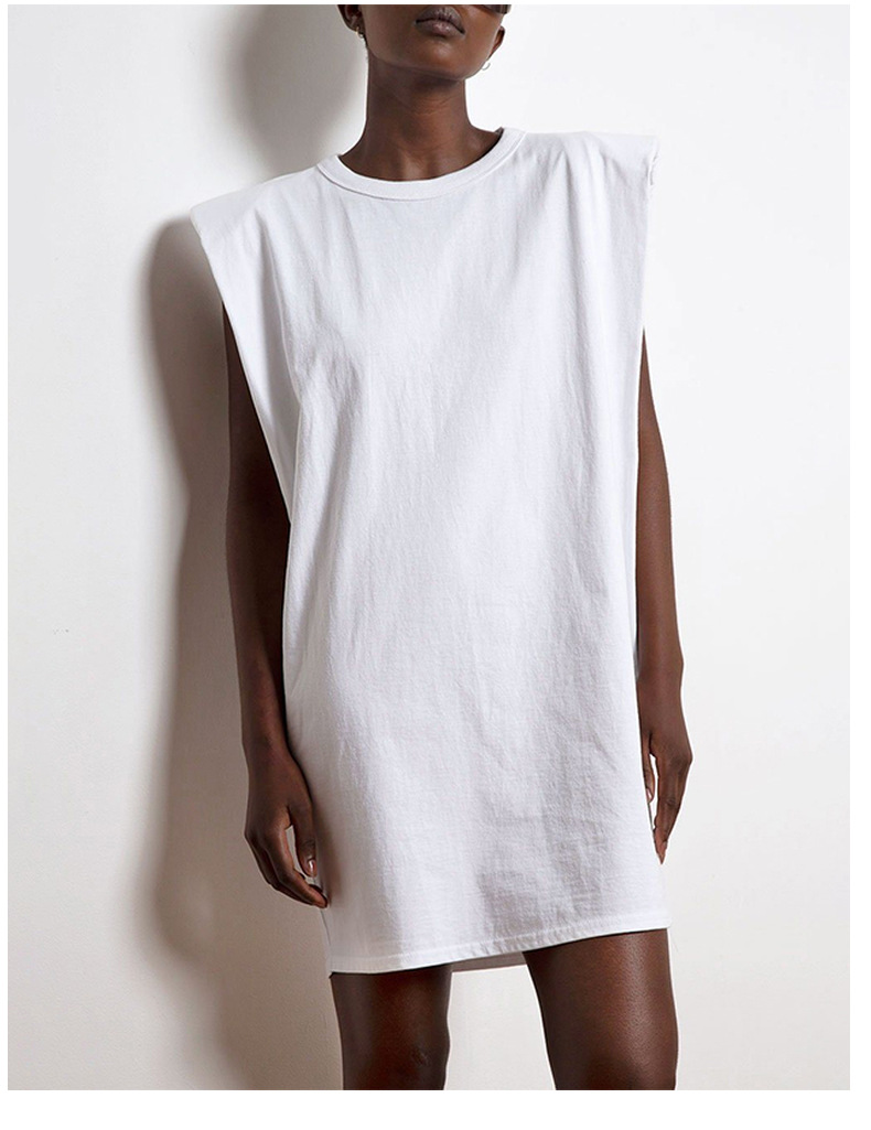 Solid Color round Neck Sleeveless Women Spring Casual Loose Padded Shoulder Dress Women