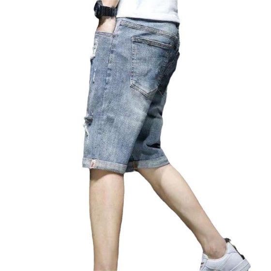 Denim Shorts Men's Summer Thin Loose Cropped Korean Style Trendy Breeches Ripped Casual Trendy Brand Cropped Medium Pants