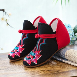 Single-layer shoes cotton-padded shoes autumn and winter ethnic style beef tendon bottom round toe low heel canvas embroidered cloth shoes moms shoes