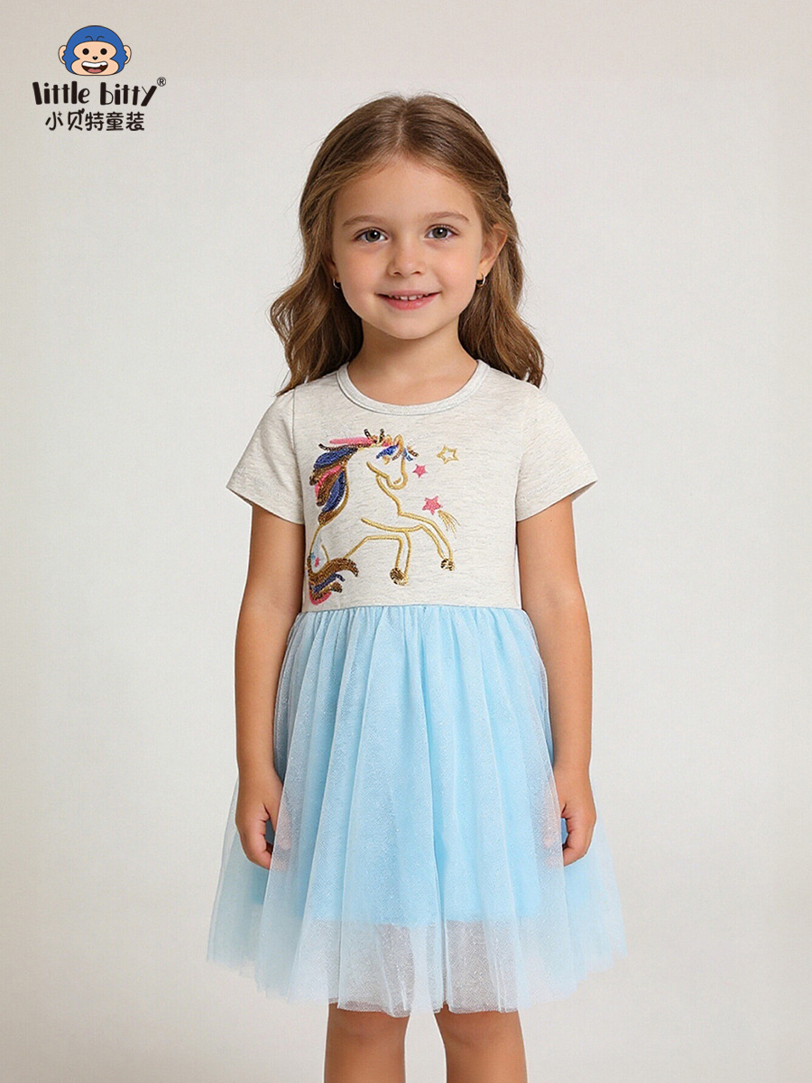 Cross-Border Supply 26 Years of New Spring and Summer Children's Short-Sleeve Mesh Dress with Cartoon Horse Print and Sequins, in Stock