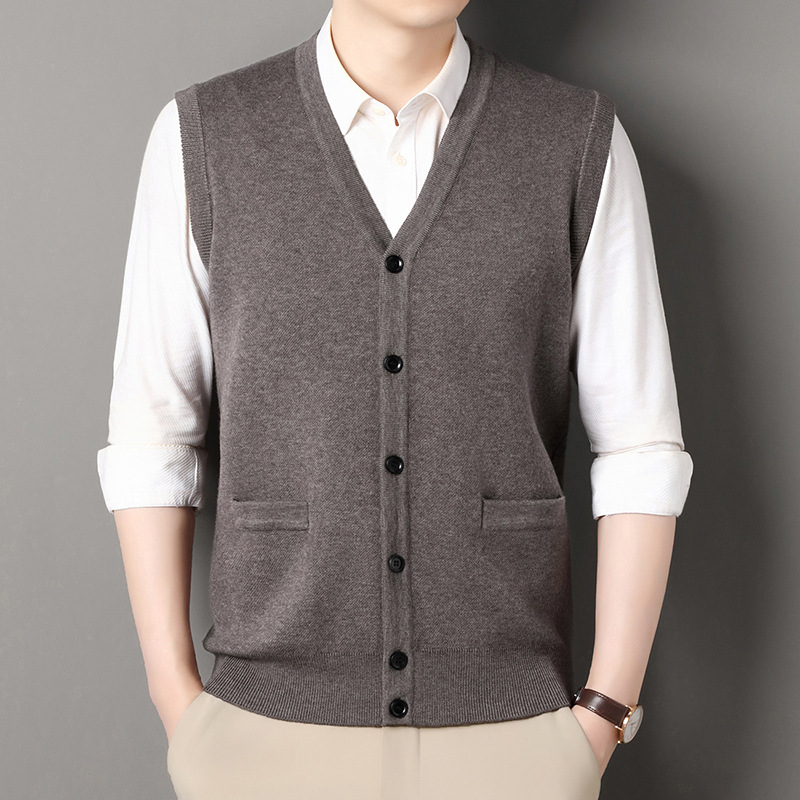 Autumn and winter new thick knitted vest cardigan young and middle-aged men's V-neck sleeveless waistcoat warm knit sweater